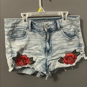 American Eagle Outfitters Women's Blue Denim Shorts with Red Floral Embroidery